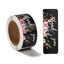 Honeyhandy Flower Pattern Paper Gift Tag Stickers, Rectangle with Word Thank You Adhesive Labels Roll Stickers, for Party, Decorative Presents, Black, 2.8cm, about 120pcs/roll