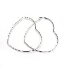 Honeyhandy 201 Stainless Steel Hoop Earrings, with 304 Stainless Steel Pin, Hypoallergenic Earrings, Heart, Stainless Steel Color, 85x75x2mm, 12 Gauge, Pin: 1mm