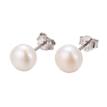 Honeyhandy Anti-Tarnish Pearl Ball Stud Earrings, with Rhodium Plated Sterling Silver Pin, with 925 Stamp, Platinum, Creamy White, 6mm