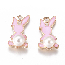 Honeyhandy Alloy Enamel Pendants, with Glass Imitation Pearl, Rabbit, Golden, Pink, 25x18x8.5mm, Hole: 2.5mm