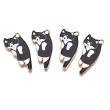 Honeyhandy Printed Alloy Pendants, Cadmium Free & Nickel Free & Lead Free, Light Gold, Cat, Black, 30x15x1.5mm, Hole: 2mm