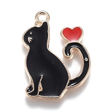 Honeyhandy Alloy Enamel Pendants, Kitten with Heart, Black, 25x20x1.5mm, Hole: 2mm