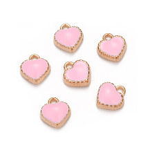 Honeyhandy Alloy Enamel Charms, Heart, Light Gold, Pink, 8x7.5x2.5mm, Hole: 1.5mm