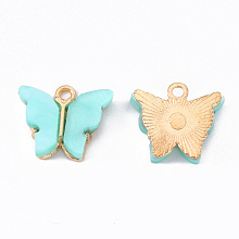 Honeyhandy Alloy Acrylic Pendants, Butterfly, Light Gold, Cyan, 14x16.5x3mm, Hole: 1.6mm