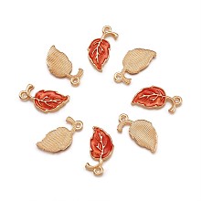 Honeyhandy Alloy Enamel Pendants, Leaf, Golden, Orange Red, 19.5x9.5x2.2mm, Hole: 1.5mm