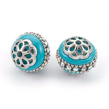 Honeyhandy Handmade Indonesia Beads, with Metal Findings, Round, Platinum, Deep Sky Blue, 16x16.5~17mm, Hole: 1.8mm