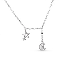 SHEGRACE Fashion 925 Sterling Silver Pendant Necklace, Micro Pave Grade AAA Cubic Zirconia Star and Moon Pendants(Chain Extenders Random Style), Platinum, 15.7 inch(40cm)