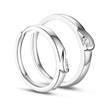 SHEGRACE Adjustable 925 Sterling Silver Heart Couple Rings, with AAA Cubic Zirconia, Size 7 and Size 10, Platinum, 17mm and 20mm