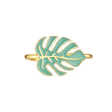 SHEGRACE Adjustable 925 Sterling Silver Finger Rings, with Enamel, Tropical Theme, Monstera Leaf, Real 14K Gold Plated, Size 7, Inner Diameter: 17mm