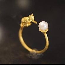 Honeyhandy 925 Sterling Silver Ring Pearl Cat Open Cuff Ring with Imitation Pearl, Golden, US Size 7 1/4(17.5mm)