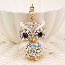 Honeyhandy KC Gold Tone Plated Alloy Keychains, with Rhinestone and Enamel, Owl, White, 12.2x3.6cm