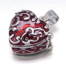 Honeyhandy Enamel Heart Rack Plating Platinum Brass Prayer Box Pendants, Wish Box, Dark Red, 19x20x11mm, Hole: 5x3mm