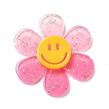 Honeyhandy Gradient Color Transparent Acrylic Pendants, with Sequins, Sunflower with Smiling Face Charm, Pale Violet Red, 30x27x4mm, Hole: 1.6mm