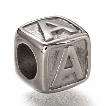 Honeyhandy 304 Stainless Steel European Beads, Large Hole Beads, Horizontal Hole, Cube with Letter, Stainless Steel Color, Letter.A, 8x8x8mm, Hole: 4.5mm