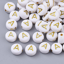 Honeyhandy Plating Acrylic Beads, Golden Metal Enlaced, Horizontal Hole, Flat Round with Alphabet, White, Letter.A, 7x3.5mm, Hole: 1.2mm, about 3600pcs/500g