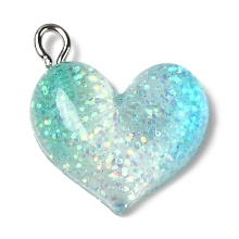 Honeyhandy Gradient Color Transparent Resin Pendants, Glitter Heart Charms, with Platinum Plated Iron Loops, Cyan, 21x19.5x6mm, Hole: 3x2mm