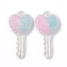 Honeyhandy Two Tone Resin Big Pendants, Glitter Powder, Heart Key with Word PRETTY GIRL, Pink, 59x30x6mm, Hole: 2.3mm