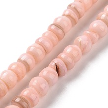 Honeyhandy Natural Cultured Freshwater Shell Beads Strands, Dyed, Rondelle, Pink, 6.5~7.5x2~6.5mm, Hole: 1mm, about 85pcs/strand, 14.88 inch(37.8cm)