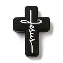 Honeyhandy Cross with Word Jesus Silicone Focal Beads, Chewing Beads For Teethers, DIY Nursing Necklaces Making, Black, 30x22x8mm, Hole: 2mm