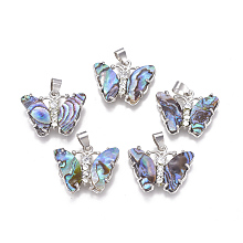 Honeyhandy Natural Abalone Shell/Paua Shell Pendants, with Rhinestone and Brass Findings, Butterfly, Platinum, 20~20.5x25~25.5x3.5~4mm, Hole: 4x5.5mm