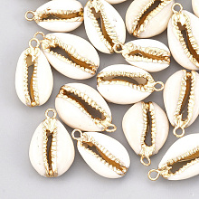 Honeyhandy Cowrie Shell Pendants, with Metal Findings, Natural Color, Golden, 17~25x10~15x5~7mm, Hole: 1.5mm