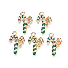 Rack Plating Alloy Enamel Pendants, with Crystal Rhinestone, Cadmium Free & Nickel Free & Lead Free, Light Gold, Christmas Candy Cane, Green, 22x14.5x5mm, Hole: 2mm