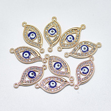 Honeyhandy Light Gold Plated Alloy Links, with Crystal Rhinestone and Enamel, Evil Eye, Blue, 27x12.5x2mm, Hole: 1.4mm