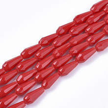 Honeyhandy Opaque Solid Color Glass Beads Strands, Imitation Jade, Faceted, Teardrop, Red, 9~10x4mm, Hole: 1mm, about 72pcs/Strand, 26.38~27.17 inch(67~69cm)