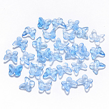 Honeyhandy Transparent Spray Painted Glass Charms, with Glitter Powder, Butterfly, Light Sky Blue, 9.5x11x3mm, Hole: 0.8mm