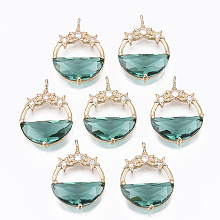 Honeyhandy Glass Pendants, with Brass Micro Pave Cubic Zirconia Findings, Faceted, Flat Round with Star, Light Gold, Dark Cyan, 21.5x15.5x5.5mm, Hole: 1.2mm