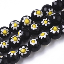 Honeyhandy Handmade Millefiori Lampwork Beads Strands, Round, Black, 8mm, Hole: 1.2mm, about 48pcs/strand, 14.17 inch(36cm)