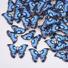 Honeyhandy Printed Alloy Pendants, with Enamel, Butterfly, Light Gold, Royal Blue, 15.5x22x2mm, Hole: 1.8mm