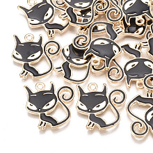 Honeyhandy Alloy Enamel Kitten Pendants, Cartoon Cat Shape, Light Gold, Black, 19x18x2mm, Hole: 1.6mm