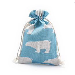 Honeyhandy Polycotton(Polyester Cotton) Packing Pouches Drawstring Bags, with Printed White Bear, Light Sky Blue, 18x13cm