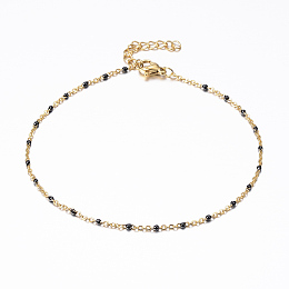 Honeyhandy 304 Stainless Steel Cable Chain Anklets, with Enamel Links, Golden, Black, 9 inch(23cm), 1.5~2mm