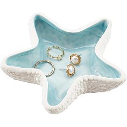 NBEADS Starfish Shape Ceramic Jewelry Tray, Aqua Shell Trinket Dish Ceramic Ring Earring Holder Ocean-themed Decorative Trinket Plate for Rings Earrings Necklaces Bracelet Jewelry Watch Keys