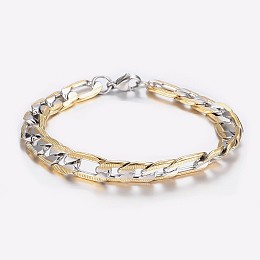 Honeyhandy Men's 304 Stainless Steel Figaro Chain Bracelets, with Lobster Clasps, Faceted, Golden & Stainless Steel Color, 8-1/4 inch(210mm), 9x2mm