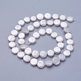 Honeyhandy Shell Pearl Beads Strands, Flat Round, Snow, 7.5~8.2x2.2~3.5mm, Hole: 0.5mm, about 42~48pcs/strand, 15.35 inch~15.55 inch(39~39.5cm)