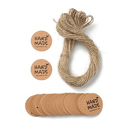 Honeyhandy 100Pcs Kraft Paper Gift Tags, Hange Tags, with Hemp Rope, for Arts, Crafts and Food, Flat Round with Word HAND MADE, BurlyWood, Tag: 3cm, about 101pcs/bag