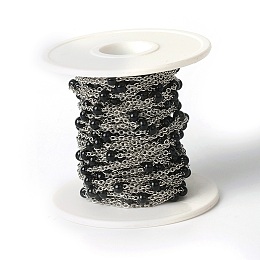 Honeyhandy 304 Stainless Steel Cable Chains, Satellite Chains, with Enamel, Soldered, with Spool, Flat Oval, Black, 2.4x2x0.4mm, Beads: 4mm, about 32.8 Feet(10m)/roll