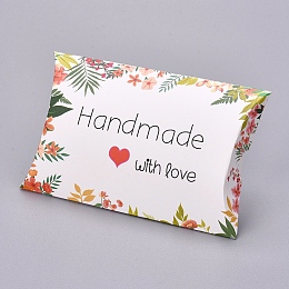 Honeyhandy Paper Pillow Boxes, Gift Candy Packing Box, Flower Pattern & Word Handmade with Love, White, Box: 12.5x7.6x1.9cm, Unfold: 14.5x7.9x0.1cm