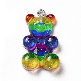 Honeyhandy Rainbow Color Translucent Resin Pendants, Glitter Bear Charms, with Platinum Tone Iron Loops, Colorful, 32x19x8.5mm, Hole: 2mm