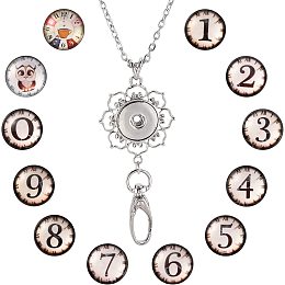 SUNNYCLUE 1 Box 12 Styles Lucky Numbers Necklace Snap Button Office Lanyard Bulk Snap Button Lanyards for ID Badges School ID Badge Lanyard Holder Alarm Clock Pattern Stainless Steel Chain 30 inches