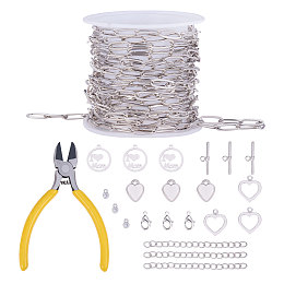 Honeyhandy DIY Bracelets &  Necklaces Making Kits, includ Brass Paperclip Chains & Toggle Clasps & Lobster Claw Clasps, Brass Cubic Zirconia & CCB Plastic Charms, 201 Stainless Steel Flat Round Pendants, Platinum, 11x4.3x0.7mm, 3m/set