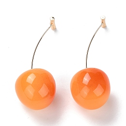 Honeyhandy Lifelike Cherry Resin Dangle Stud Earrings, Fruit Brass Earrings for Girl Women, Light Gold, Orange, 56mm, Pin: 0.6mm