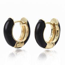 Honeyhandy Brass Huggie Hoop Earrings, with Enamel, Real 18K Gold Plated, Black, 14x15x5mm, Pin: 1x1mm