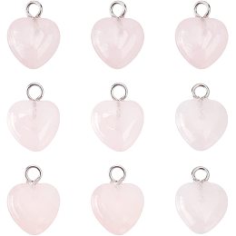 BENECREAT 24PCS Heart Shape Natural Rose Quartz Charms Healing Stone Beads Pendants with Platinum Brass Peg Bail for Necklace Jewelry Making, Hole: 1.8mm