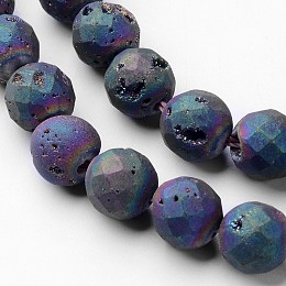 Honeyhandy Electroplated Natural Quartz Crystal Beads Strands, Druzy Geode Crystal, Faceted, Round, Blue Plated, 8~8.5mm, Hole: 1mm, about 24pcs/strand, 7.9 inch