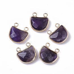 Honeyhandy Natural Amethyst Semi Circle Pendants, with Golden Tone Brass Open Back Bezel, Faceted, Half Round, 18x17.5x6.5mm, Hole: 2mm