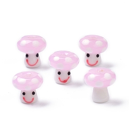 Honeyhandy Handmade Lampwork Beads, Smiling Face Mushroom Beads, Pink, 13x13mm, Hole: 3mm